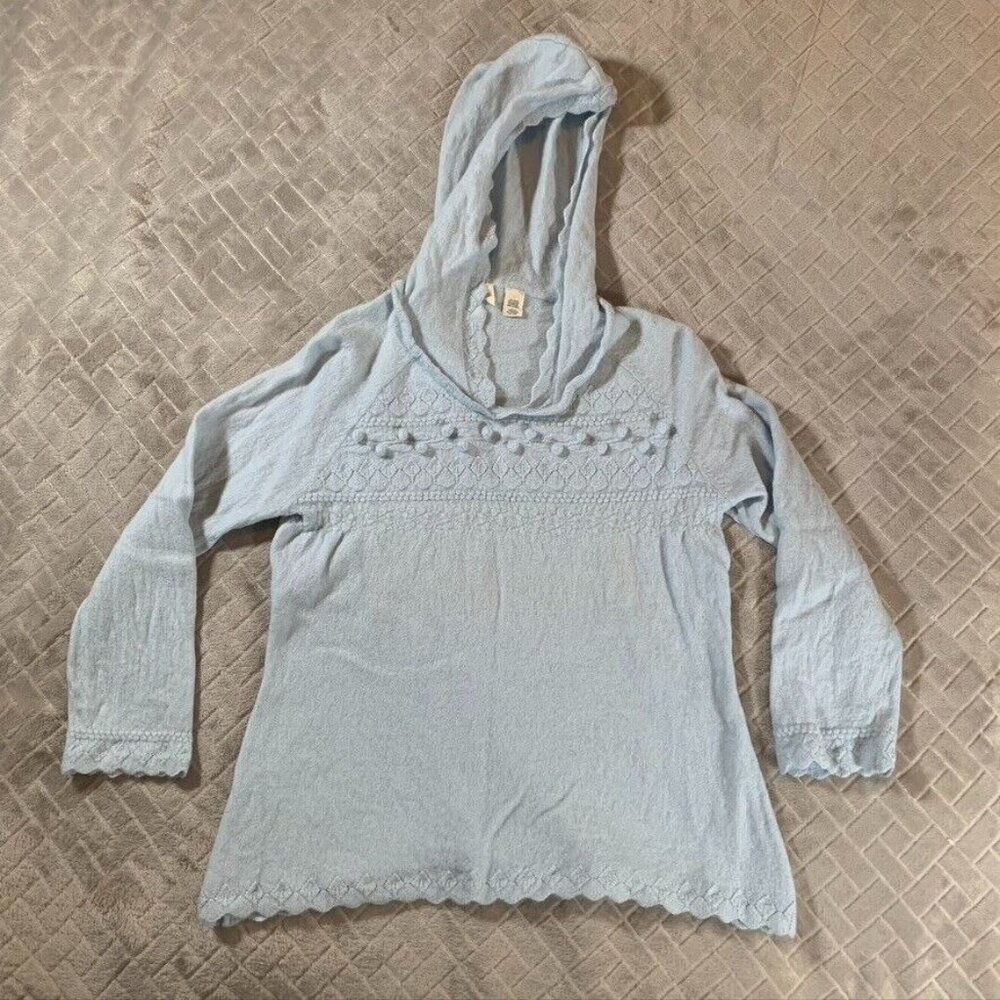 Moth Womens Large Sweater Light Blue Wool Hooded 3/4 Sleeve Pom Poms
